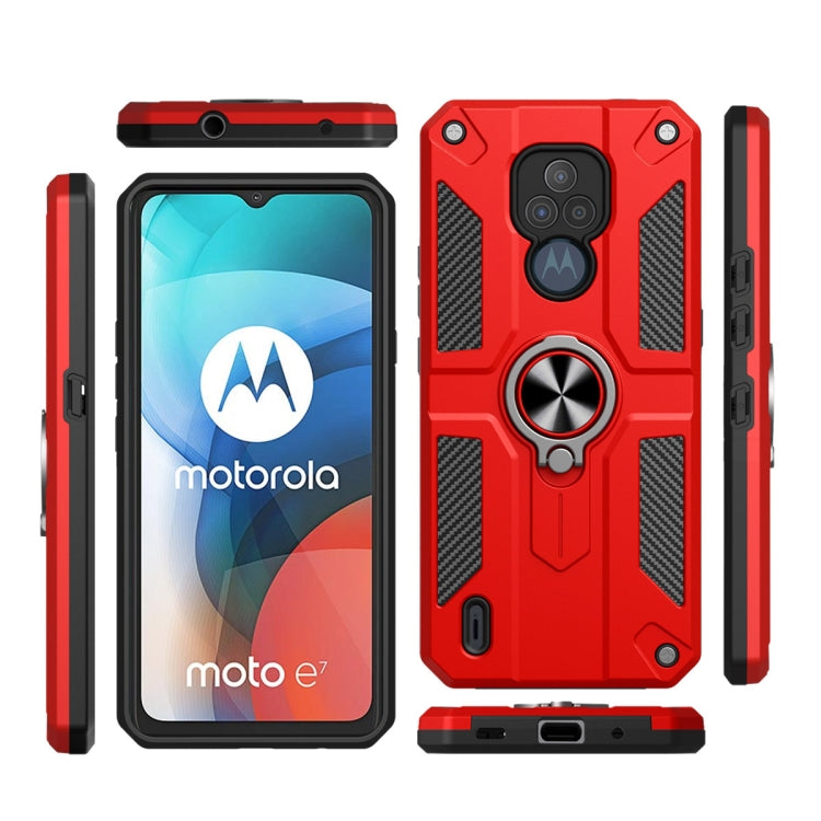 For Motorola Moto E7 Carbon Fiber Pattern PC + TPU Protective Case with Ring Holder