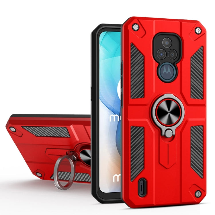 For Motorola Moto E7 Carbon Fiber Pattern PC + TPU Protective Case with Ring Holder