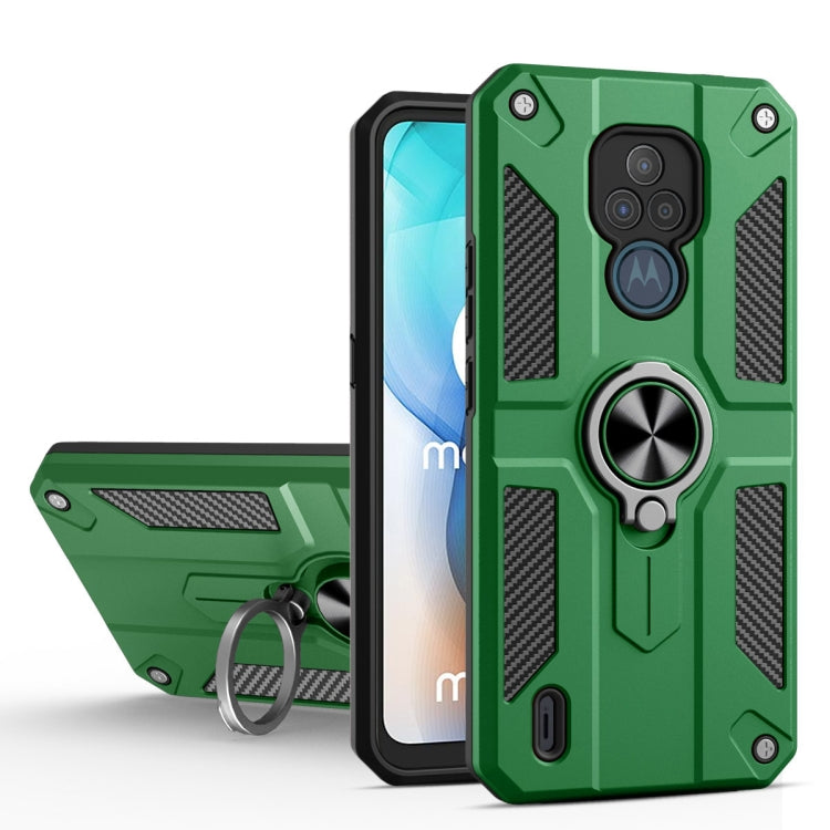 For Motorola Moto E7 Carbon Fiber Pattern PC + TPU Protective Case with Ring Holder