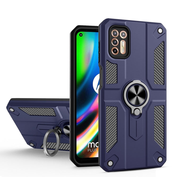 For Motorola Moto G9 Plus Carbon Fiber Pattern PC + TPU Protective Case with Ring Holder