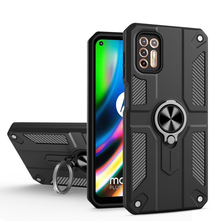 For Motorola Moto G9 Plus Carbon Fiber Pattern PC + TPU Protective Case with Ring Holder