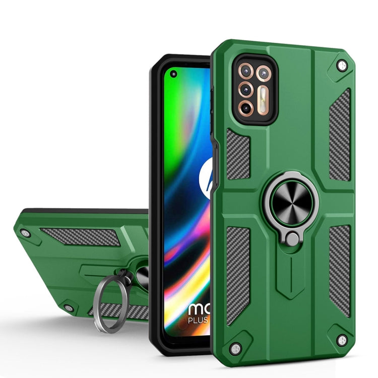 For Motorola Moto G9 Plus Carbon Fiber Pattern PC + TPU Protective Case with Ring Holder