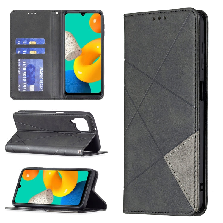 For Samsung Galaxy M32 Rhombus Texture Horizontal Flip Magnetic Leather Case with Holder & Card Slots