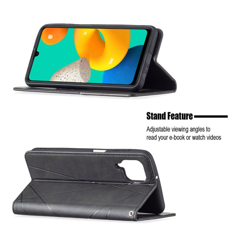 For Samsung Galaxy M32 Rhombus Texture Horizontal Flip Magnetic Leather Case with Holder & Card Slots