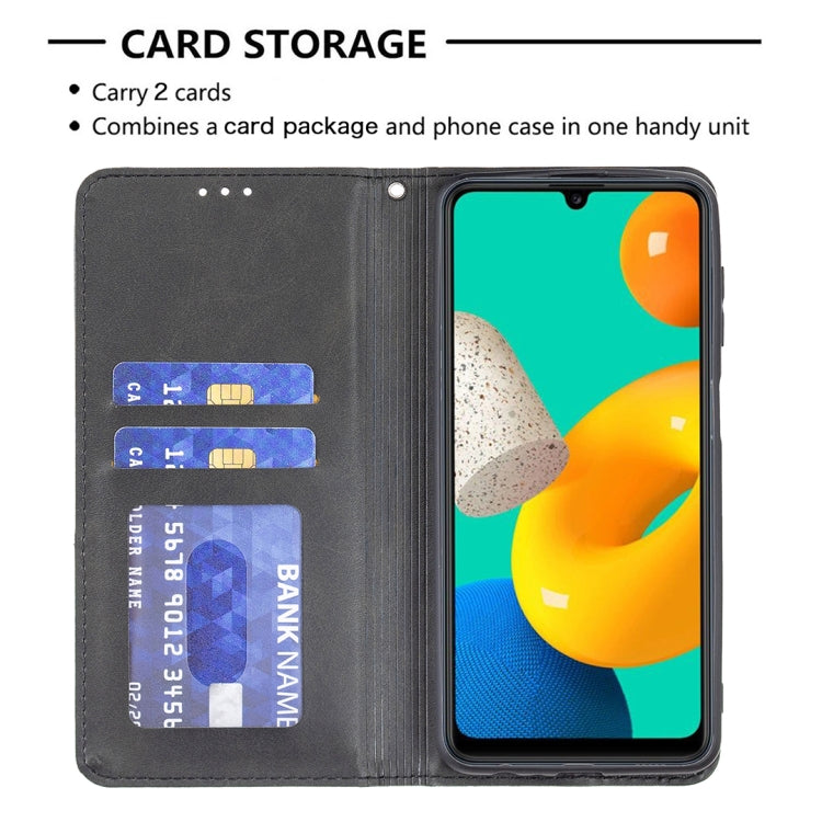 For Samsung Galaxy M32 Rhombus Texture Horizontal Flip Magnetic Leather Case with Holder & Card Slots
