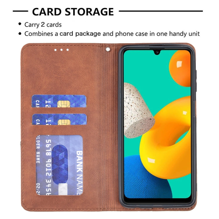 For Samsung Galaxy M32 Rhombus Texture Horizontal Flip Magnetic Leather Case with Holder & Card Slots