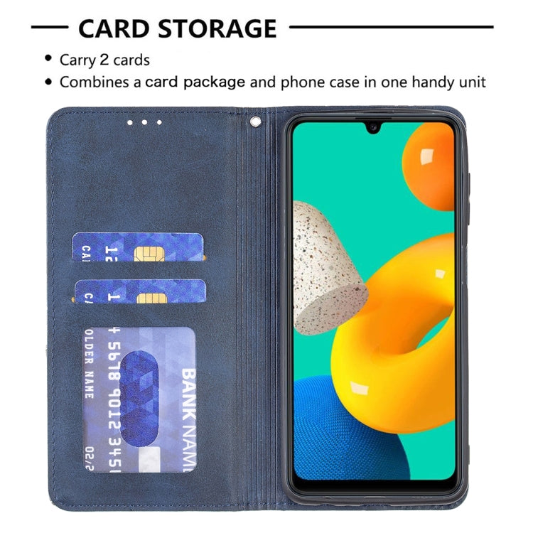 For Samsung Galaxy M32 Rhombus Texture Horizontal Flip Magnetic Leather Case with Holder & Card Slots