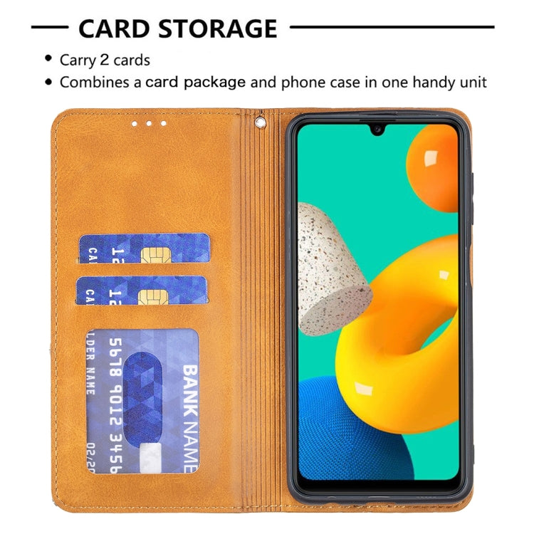 For Samsung Galaxy M32 Rhombus Texture Horizontal Flip Magnetic Leather Case with Holder & Card Slots
