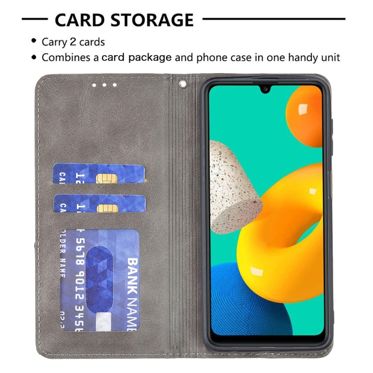 For Samsung Galaxy M32 Rhombus Texture Horizontal Flip Magnetic Leather Case with Holder & Card Slots