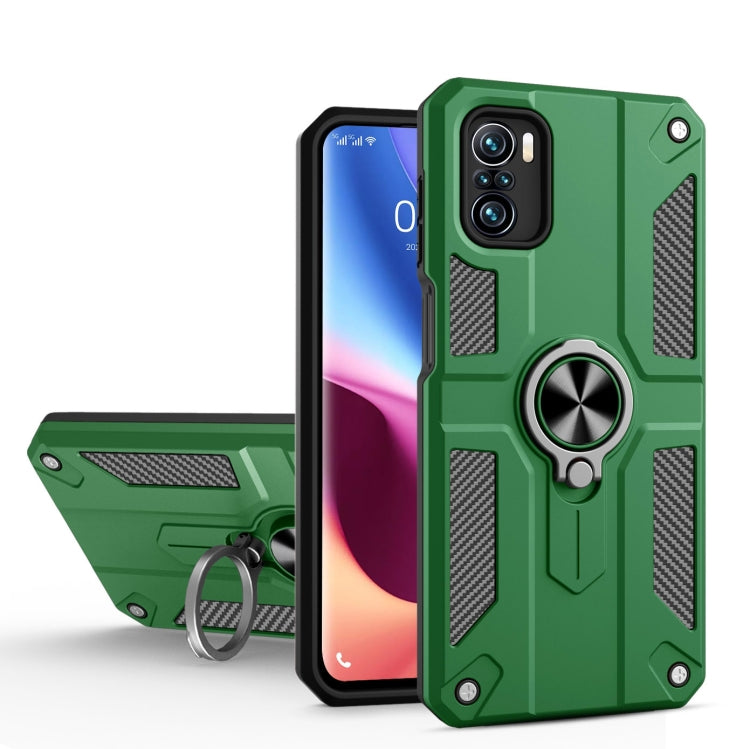 For Xiaomi Poco F3 Carbon Fiber Pattern PC + TPU Protective Case with Ring Holder