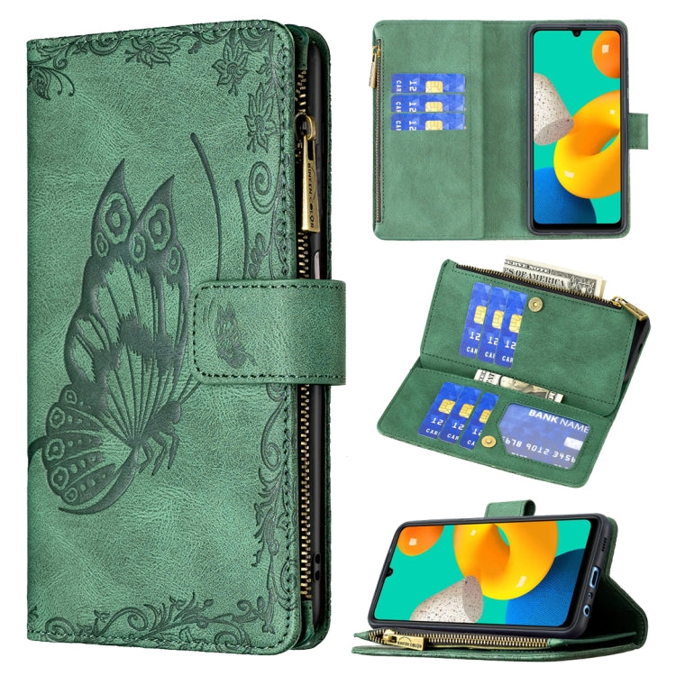 For Samsung Galaxy M32 Flying Butterfly Embossing Pattern Zipper Horizontal Flip Leather Case with Holder & Card Slots & Wallet