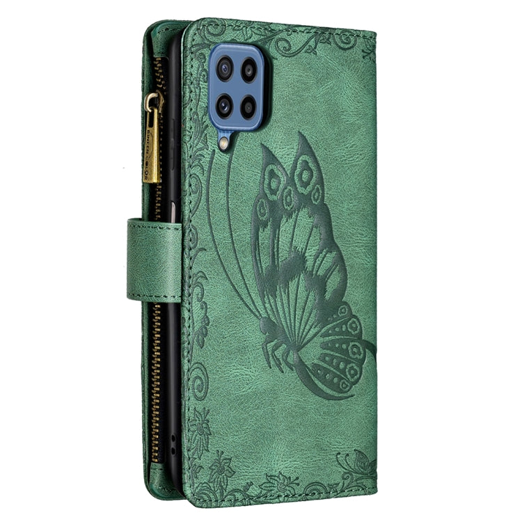 For Samsung Galaxy M32 Flying Butterfly Embossing Pattern Zipper Horizontal Flip Leather Case with Holder & Card Slots & Wallet