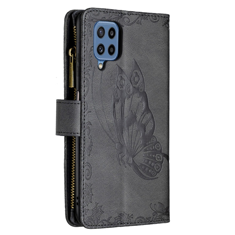 For Samsung Galaxy M32 Flying Butterfly Embossing Pattern Zipper Horizontal Flip Leather Case with Holder & Card Slots & Wallet