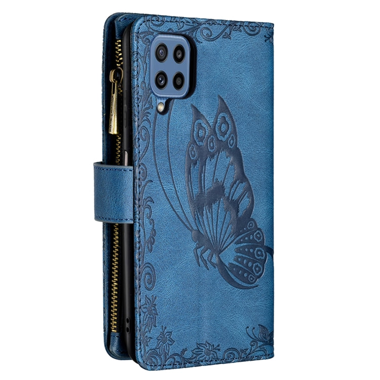 For Samsung Galaxy M32 Flying Butterfly Embossing Pattern Zipper Horizontal Flip Leather Case with Holder & Card Slots & Wallet