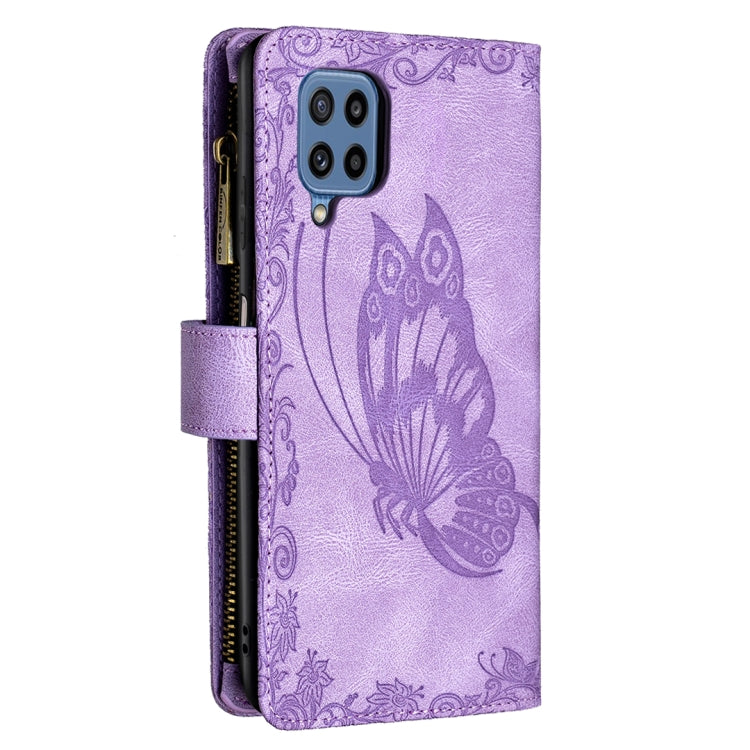 For Samsung Galaxy M32 Flying Butterfly Embossing Pattern Zipper Horizontal Flip Leather Case with Holder & Card Slots & Wallet
