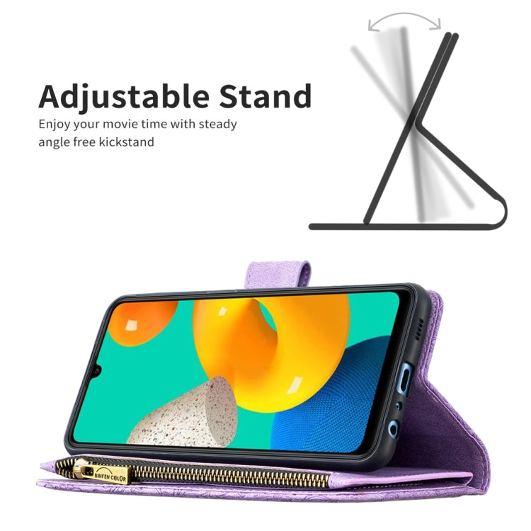For Samsung Galaxy M32 Flying Butterfly Embossing Pattern Zipper Horizontal Flip Leather Case with Holder & Card Slots & Wallet