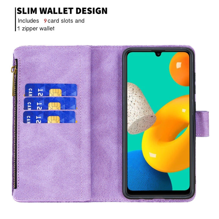 For Samsung Galaxy M32 Flying Butterfly Embossing Pattern Zipper Horizontal Flip Leather Case with Holder & Card Slots & Wallet