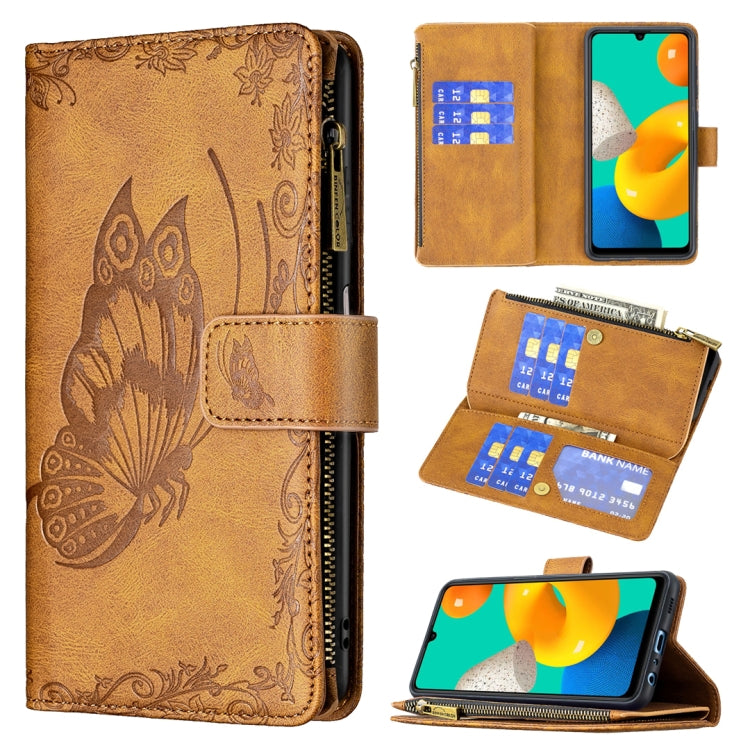 For Samsung Galaxy M32 Flying Butterfly Embossing Pattern Zipper Horizontal Flip Leather Case with Holder & Card Slots & Wallet