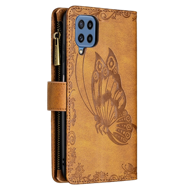 For Samsung Galaxy M32 Flying Butterfly Embossing Pattern Zipper Horizontal Flip Leather Case with Holder & Card Slots & Wallet