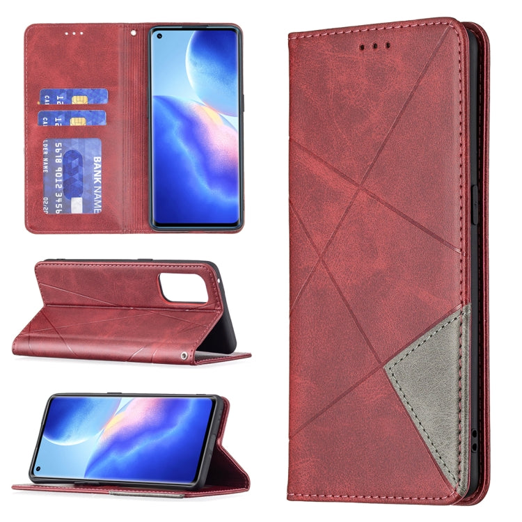 For OPPO Reno5 Pro Rhombus Texture Horizontal Flip Magnetic Leather Case with Holder & Card Slots