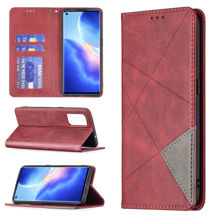 For OPPO Reno5 Rhombus Texture Horizontal Flip Magnetic Leather Case with Holder & Card Slots