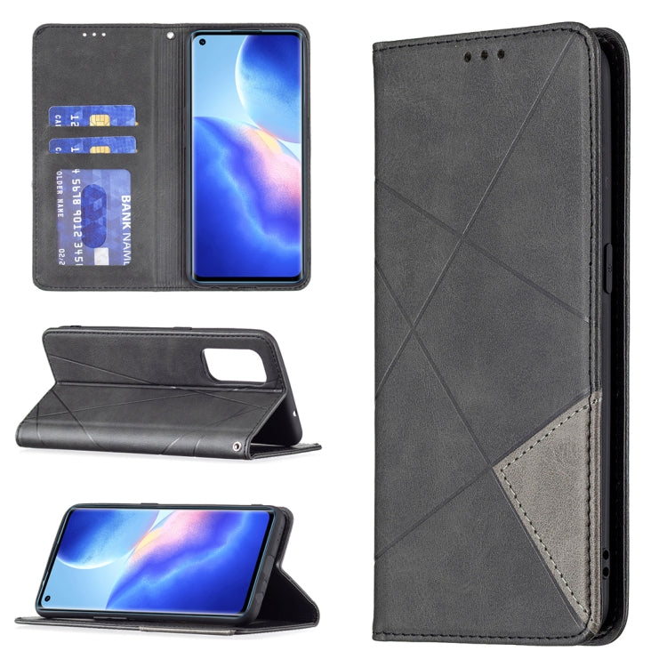 For OPPO Reno5 Rhombus Texture Horizontal Flip Magnetic Leather Case with Holder & Card Slots