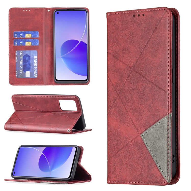 For OPPO Reno6 Rhombus Texture Horizontal Flip Magnetic Leather Case with Holder & Card Slots