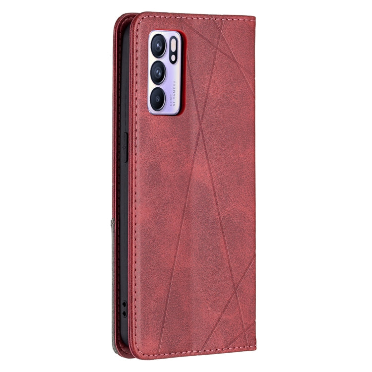 For OPPO Reno6 Rhombus Texture Horizontal Flip Magnetic Leather Case with Holder & Card Slots