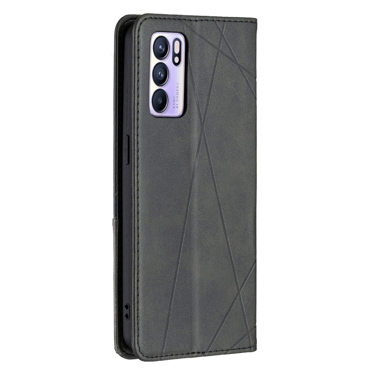 For OPPO Reno6 Rhombus Texture Horizontal Flip Magnetic Leather Case with Holder & Card Slots
