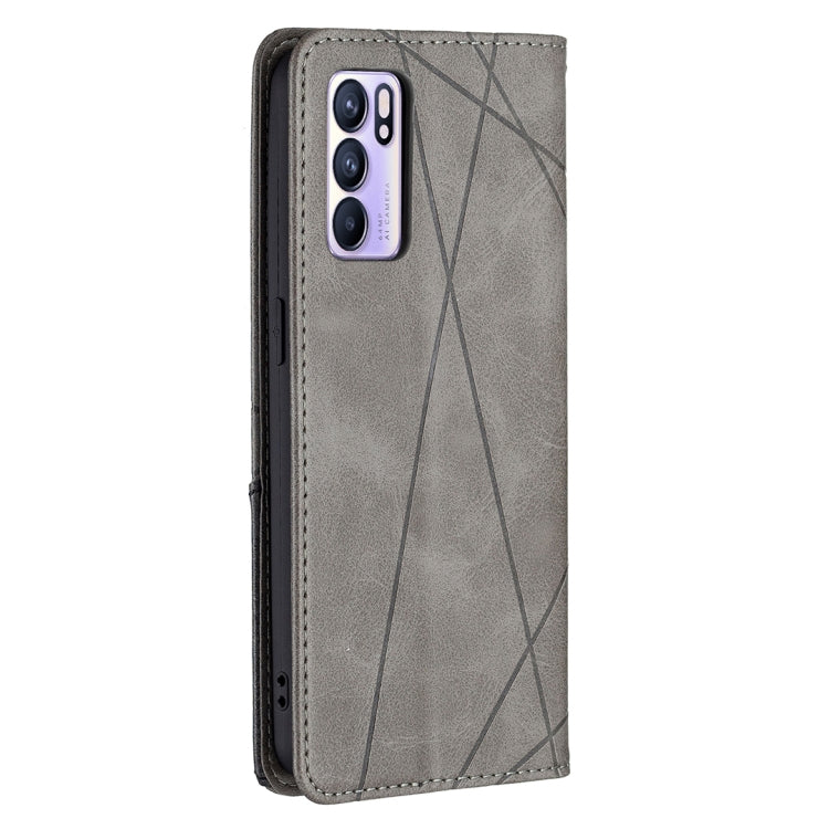 For OPPO Reno6 Rhombus Texture Horizontal Flip Magnetic Leather Case with Holder & Card Slots