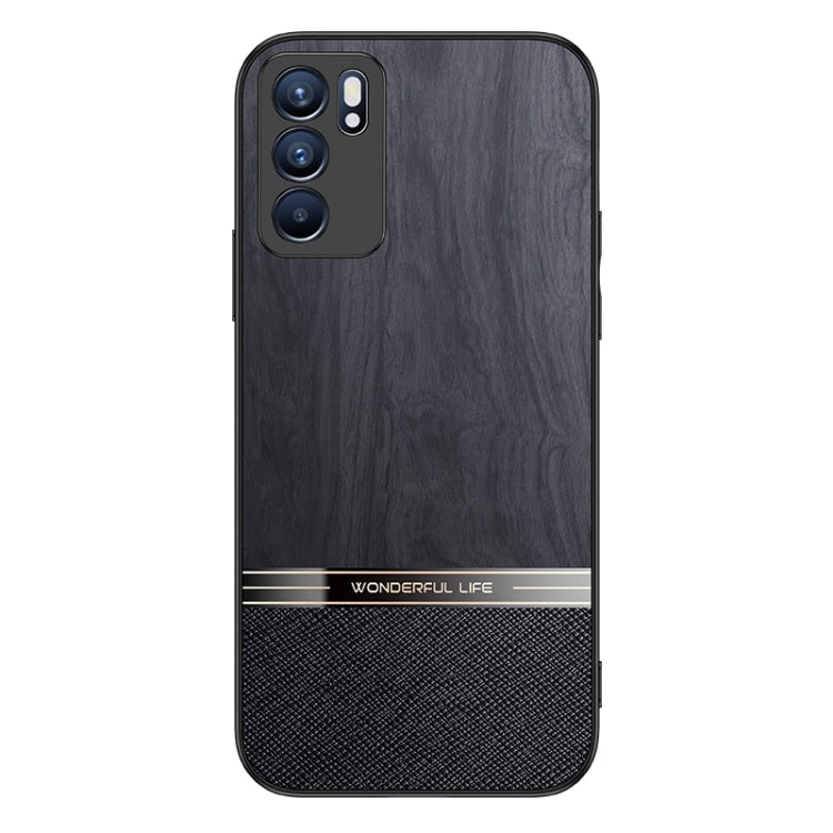 For OPPO Reno6 5G Shang Rui Wood Grain Skin PU + TPU Shockproof Case