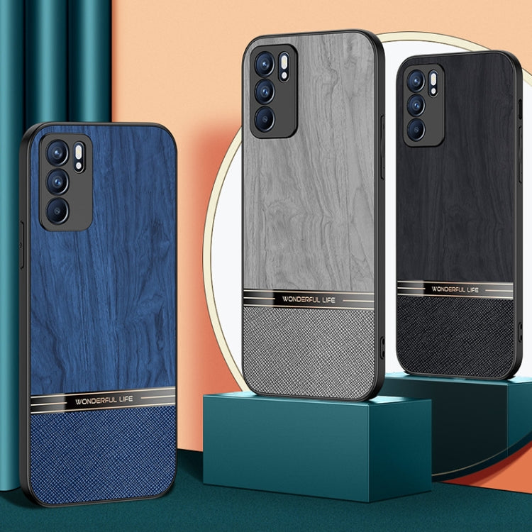 For OPPO Reno6 5G Shang Rui Wood Grain Skin PU + TPU Shockproof Case