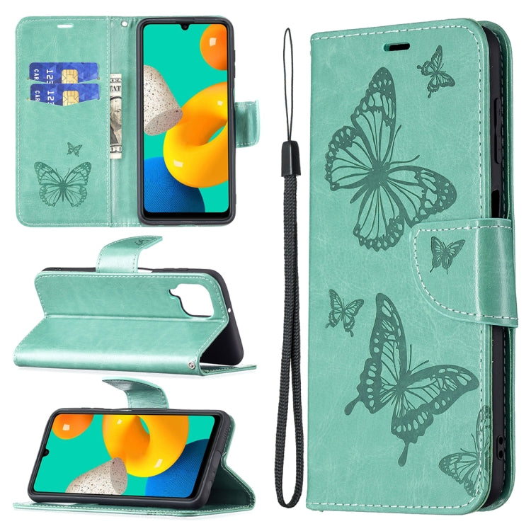 For Samsung Galaxy M32 Embossing Two Butterflies Pattern Horizontal Flip PU Leather Case with Holder & Card Slot & Wallet & Lanyard