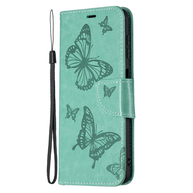 For Samsung Galaxy M32 Embossing Two Butterflies Pattern Horizontal Flip PU Leather Case with Holder & Card Slot & Wallet & Lanyard