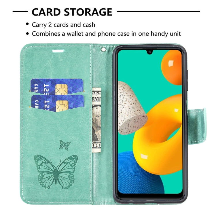 For Samsung Galaxy M32 Embossing Two Butterflies Pattern Horizontal Flip PU Leather Case with Holder & Card Slot & Wallet & Lanyard