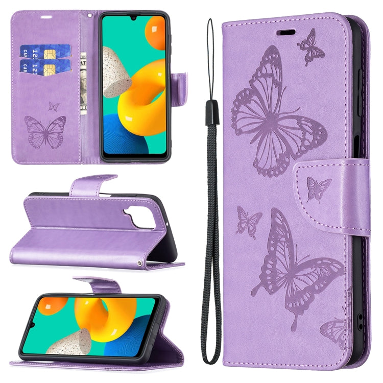 For Samsung Galaxy M32 Embossing Two Butterflies Pattern Horizontal Flip PU Leather Case with Holder & Card Slot & Wallet & Lanyard