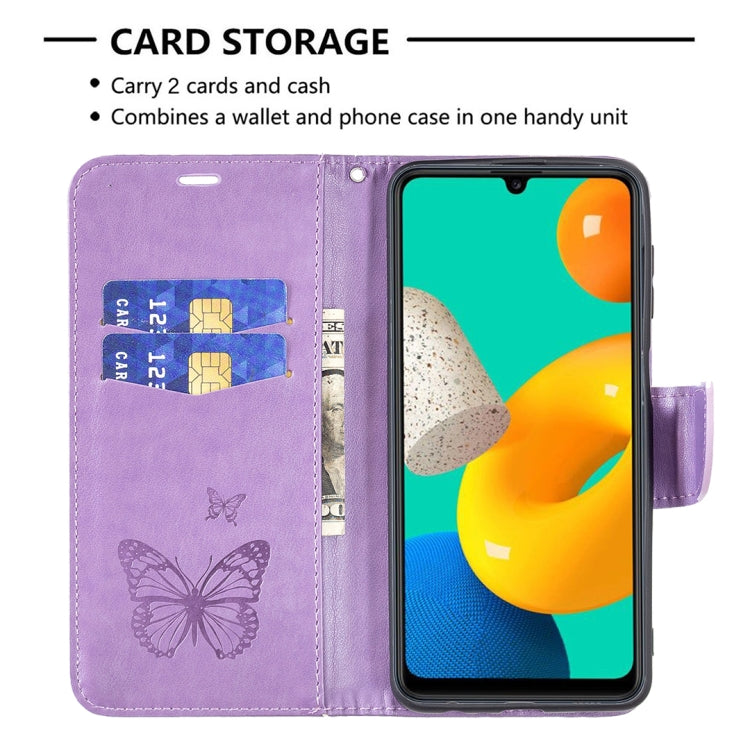 For Samsung Galaxy M32 Embossing Two Butterflies Pattern Horizontal Flip PU Leather Case with Holder & Card Slot & Wallet & Lanyard