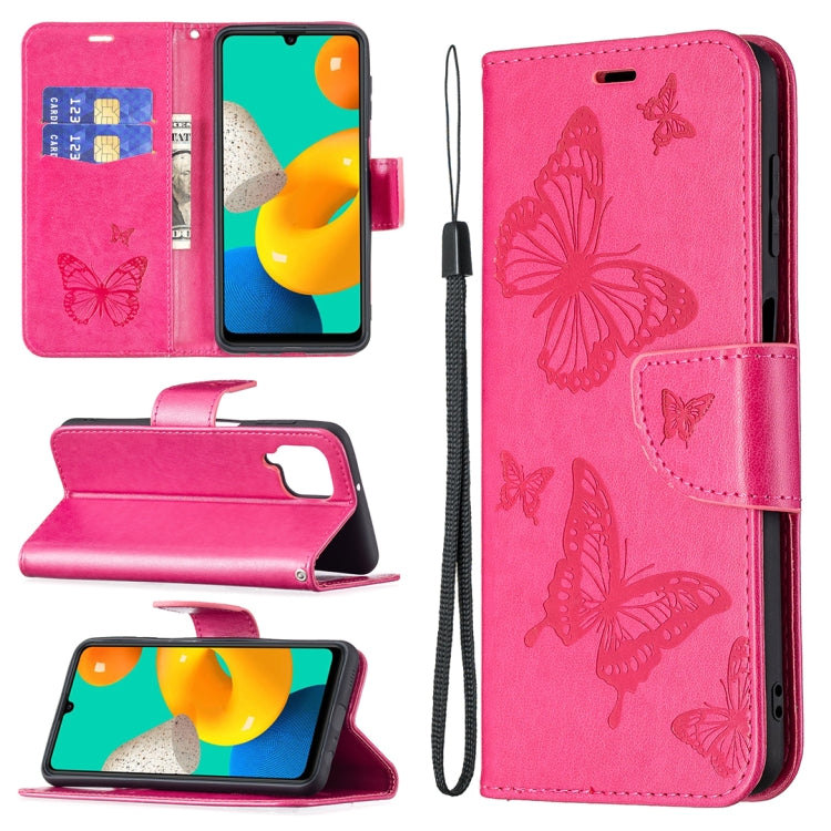 For Samsung Galaxy M32 Embossing Two Butterflies Pattern Horizontal Flip PU Leather Case with Holder & Card Slot & Wallet & Lanyard