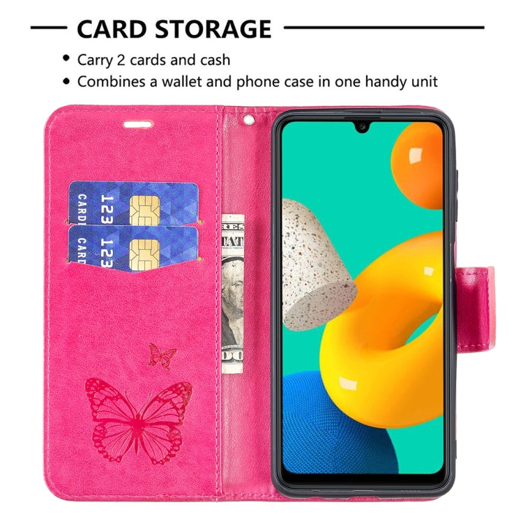 For Samsung Galaxy M32 Embossing Two Butterflies Pattern Horizontal Flip PU Leather Case with Holder & Card Slot & Wallet & Lanyard