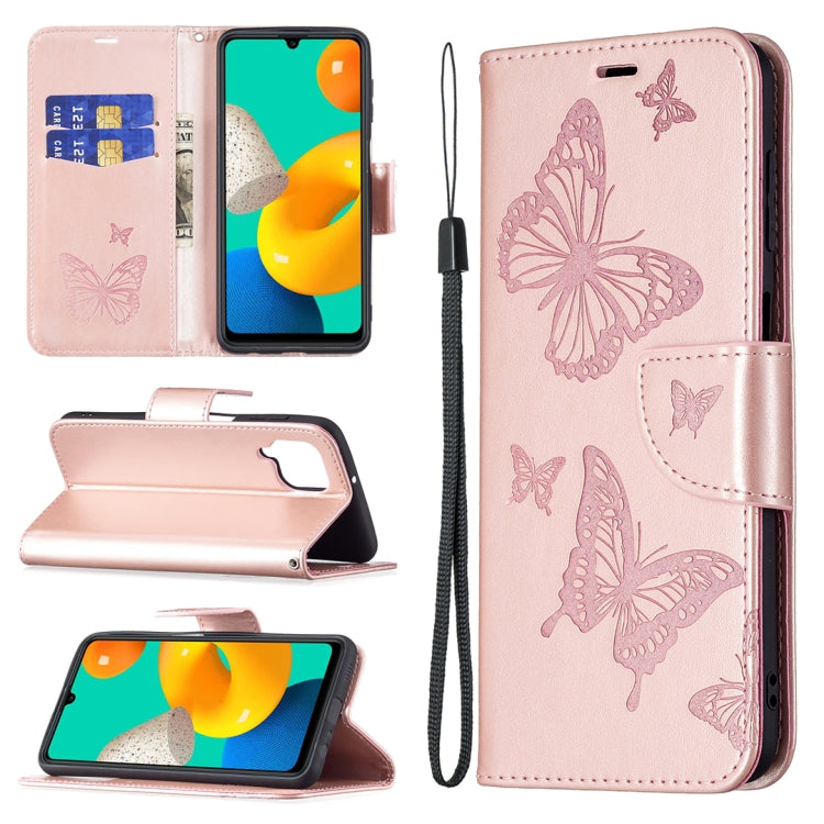 For Samsung Galaxy M32 Embossing Two Butterflies Pattern Horizontal Flip PU Leather Case with Holder & Card Slot & Wallet & Lanyard