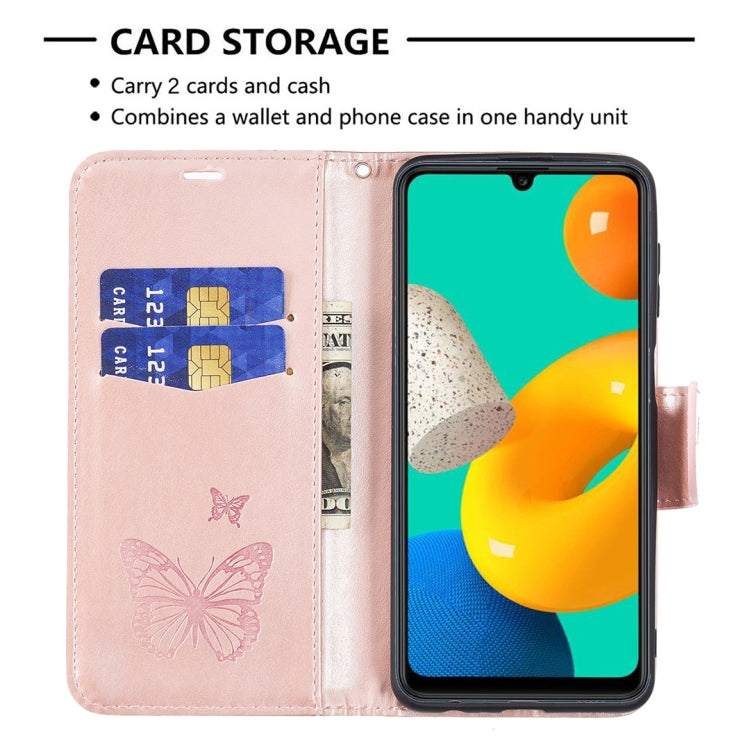 For Samsung Galaxy M32 Embossing Two Butterflies Pattern Horizontal Flip PU Leather Case with Holder & Card Slot & Wallet & Lanyard