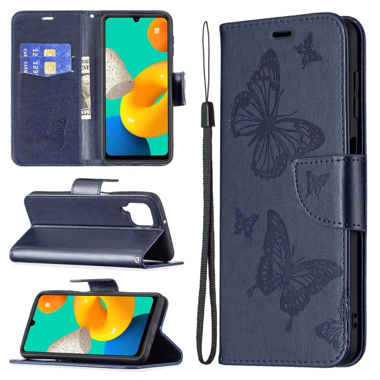 For Samsung Galaxy M32 Embossing Two Butterflies Pattern Horizontal Flip PU Leather Case with Holder & Card Slot & Wallet & Lanyard