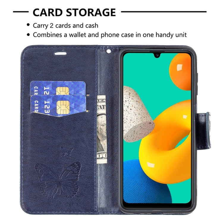For Samsung Galaxy M32 Embossing Two Butterflies Pattern Horizontal Flip PU Leather Case with Holder & Card Slot & Wallet & Lanyard