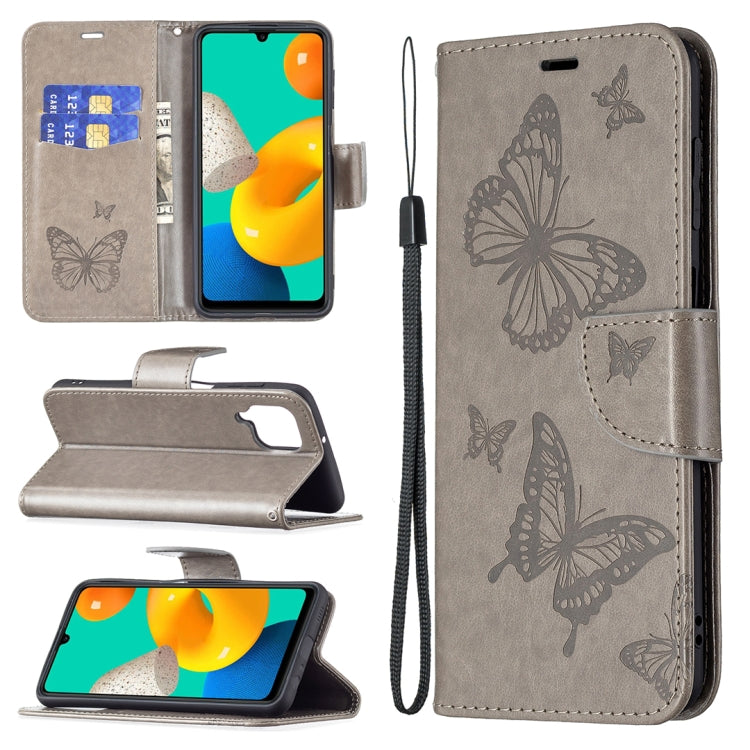 For Samsung Galaxy M32 Embossing Two Butterflies Pattern Horizontal Flip PU Leather Case with Holder & Card Slot & Wallet & Lanyard