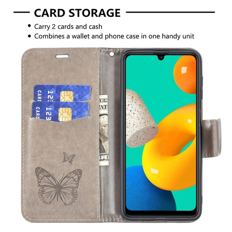 For Samsung Galaxy M32 Embossing Two Butterflies Pattern Horizontal Flip PU Leather Case with Holder & Card Slot & Wallet & Lanyard