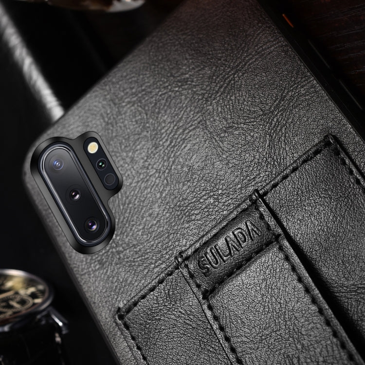 For Huawei P30 SULADA Shockproof TPU + Handmade Leather Protective Case with Holder & Card Slot & Hand Strap