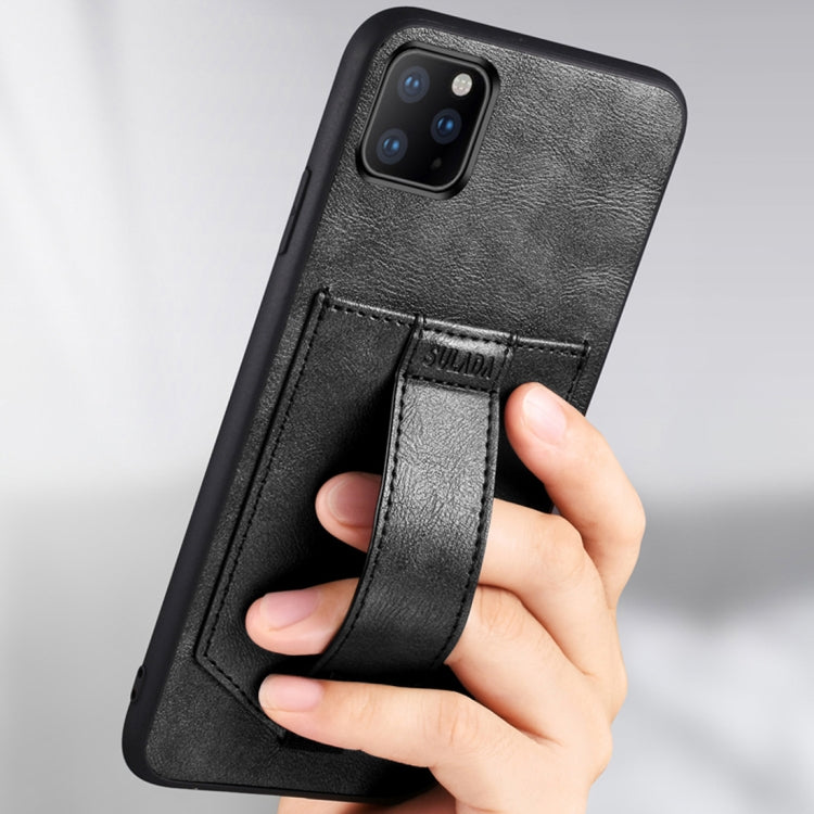 For iPhone 11 Pro Max SULADA Shockproof TPU + Handmade Leather Protective Case with Holder & Card Slot & Hand Strap
