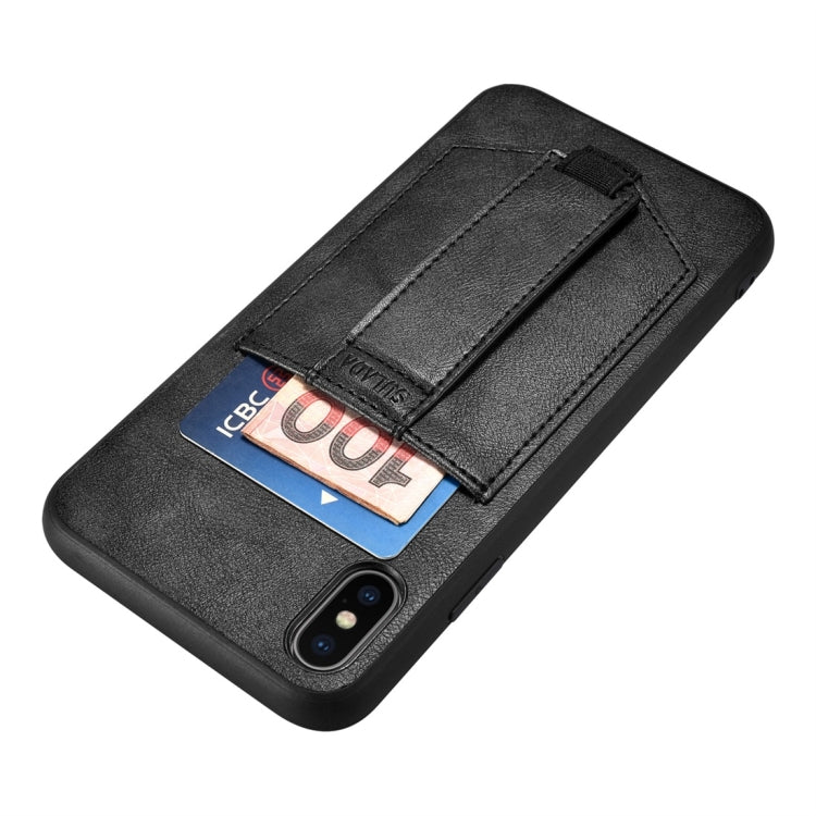 For iPhone X / XS SULADA Shockproof TPU + Handmade Leather Protective Case with Holder & Card Slot & Hand Strap