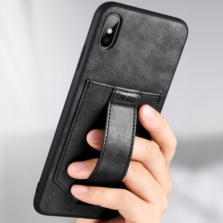 For iPhone X / XS SULADA Shockproof TPU + Handmade Leather Protective Case with Holder & Card Slot & Hand Strap
