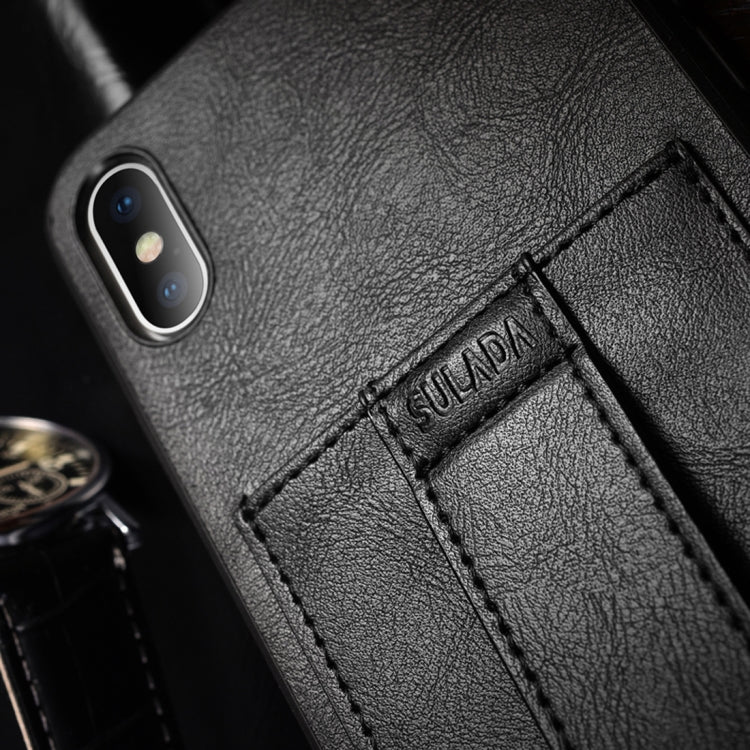 For iPhone XR SULADA Shockproof TPU + Handmade Leather Protective Case with Holder & Card Slot & Hand Strap
